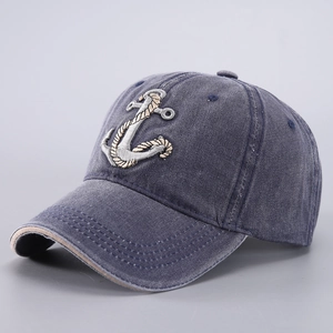 Detailed close-up of premium 3D anchor and rope embroidery on navy washed cotton cap
