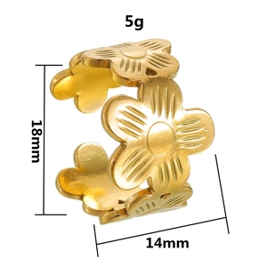 Golden stainless steel flower open ring showing product dimensions and metal texture details