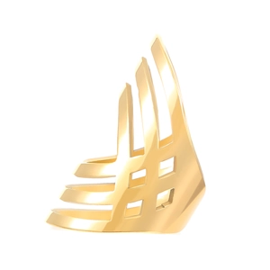 Macro shot of geometric hollowed-out design and polished gold finish on the wide ring