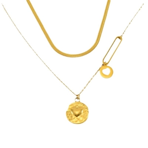 Double-layered gold stainless steel heart pendant necklace with pin charm and snake chain