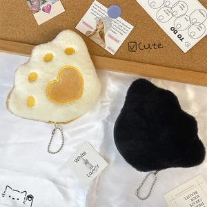 Cute plush cat paw coin purse in white and black with soft fur and metal chain