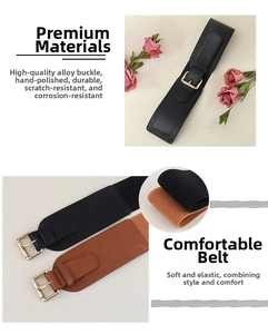 Detail of high-elasticity wide belts with polished alloy square buckles in black and brown