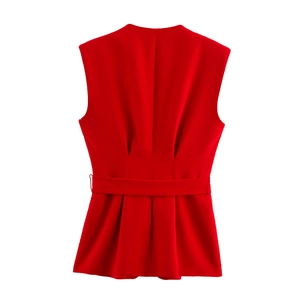 Women's sleeveless red V-neck vest top with adjustable waist belt shown in back view