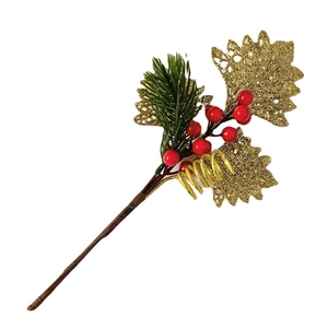 Christmas tree pick with golden glitter leaves, red berries, and green pine needles
