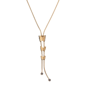 Golden double-layer necklace with frosted butterfly pendants and long tassel chains