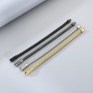 Detail of 6mm stainless steel spring clasp bracelets in black, gray, silver and gold