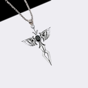 Gothic stainless steel cross pendant necklace with wings and a black center gemstone