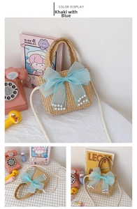 Detail of kids straw bag with khaki weave, blue organza bow and white pearl accents