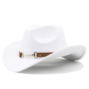 Classic white felt cowboy hat with brown leather band and golden buckle ornament