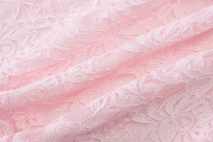 Close-up of pink lace fabric with detailed floral embroidery and soft textures