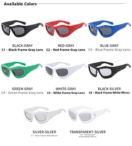 Detailed grid display of futuristic oversized bubble sunglasses in 8 assorted vibrant colors