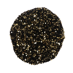 Top view of a black velvet beret featuring dense gold sequins for a stylish texture