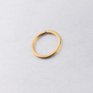 Close-up of a polished golden stainless steel flat key ring on textured background