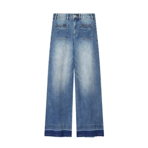 High Waist Wide Leg Jeans Denim Cotton Washed Patchwork Raw Hem Retro Streetwear Women Long Pants