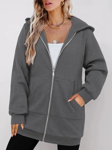 Women's casual dark grey hooded sweatshirt with zip closure and front pockets