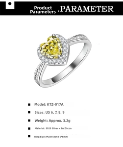 Detailed view of S925 silver ring featuring 6x6mm heart-shaped yellow zircon gemstone