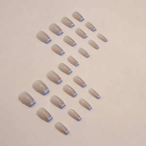 Sparkly nude blue French tip coffin press-on nails set with fine glitter finish