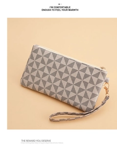 Close-up of geometric pattern texture and metal zipper on the stylish clutch bag