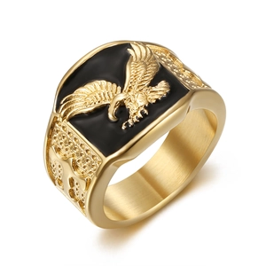 Gold plated stainless steel mens signet ring with detailed eagle relief on black base