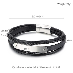 Detailed size parameters of multilayer cowhide and stainless steel men's bracelet