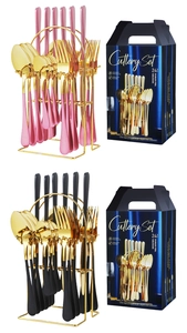 Detailed view of 24-piece pink and black stainless steel cutlery sets with gold display racks