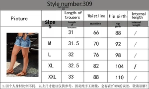 Detailed size chart for high-waisted distressed denim shorts with embroidery and wash details