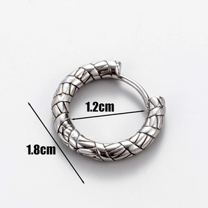 Detail view of silver hoop earring showing 1.2cm inner and 1.8cm outer diameter size