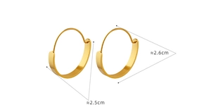 Close-up showing dimensions of 2.5cm by 2.6cm gold-plated stainless steel hoop earrings