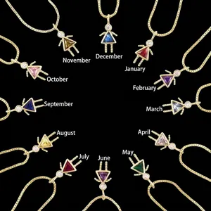 Cute Girl Figurine Pendant Necklace With Triangle Colorful Birthstone Copper Box Chain Fashion Jewelry For Women