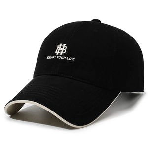 Vintage black baseball cap with HB embroidery and enjoy your life text on white background