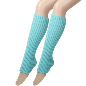 Close-up of mint blue ribbed knit leg warmer with stirrup heel for dance or yoga