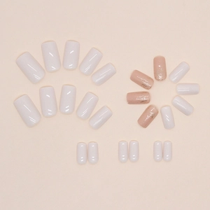 Square medium white press-on nails with glitter accents and apricot tones 24pcs set