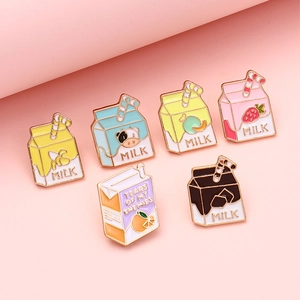 Set of six creative milk carton enamel pins in vibrant colors made of zinc alloy