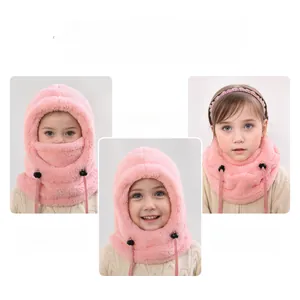 Three ways to wear children's pink thermal fleece balaclava with adjustable drawstring
