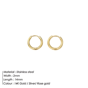 Detailed view of 14K gold-plated 14mm stainless steel hoop earrings with 2mm thickness