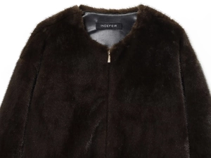 Detailed view of the dark brown faux fur jacket collar with black leather lining and zipper