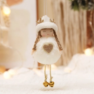 Plush Christmas angel elf hanging ornament with white faux fur and golden glitter accents