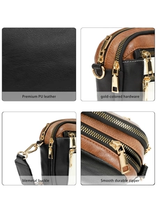 Detail of premium PU leather texture with gold-colored hardware and smooth zipper on crossbody bag