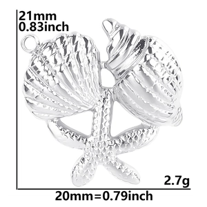 Detailed view of starfish and seashell stainless steel pendant with size and weight info