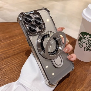 Detail of silver plated magnetic ring stand on transparent iPhone case with logo