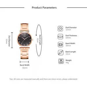 Detailed size chart showing 32mm dial and dimensions for this women's steel watch