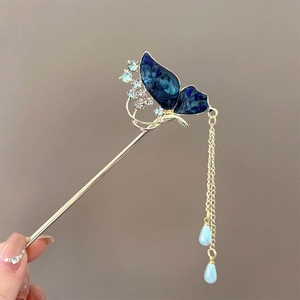 Elegant butterfly hair stick with blue rhinestones and long tassels in golden finish