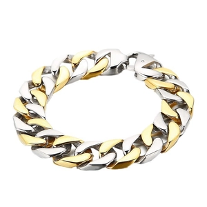 Bracelet gourmette 15mm bicolore or et argent pour homme en acier inoxydable poli brillant