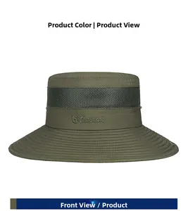Detail of olive green sun hat featuring breathable side mesh and outdoors embroidery