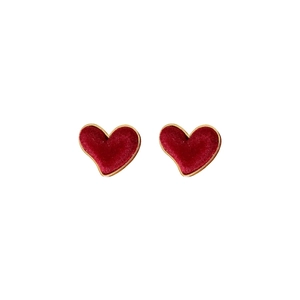 Red velvet heart stud earrings with gold plating on a clean white background