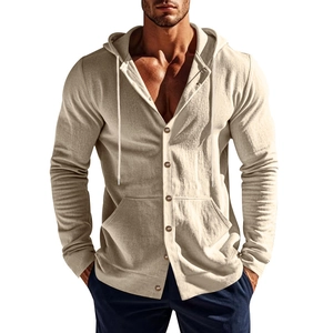 Detail shot of men's beige linen hooded shirt showing waffle knit texture and button closure