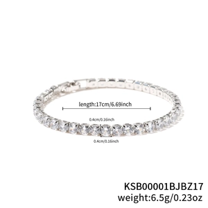 Detail showing 4mm wide tennis bracelet with cubic zirconia and 17cm length measurements