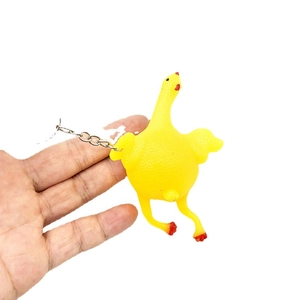 Funny rubber laying chicken stress relief keychain toy with metallic chain for venting