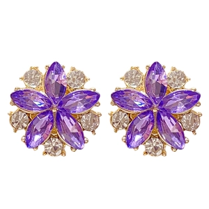 Orecchini vintage a fiore dorati con cristalli viola marquise e strass trasparenti