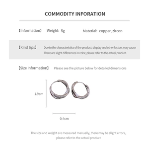 Detailed size chart for silver twisted zircon hoop earrings showing 1.9cm height